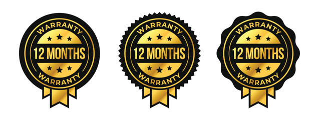12 months premium luxury warranty logo set with golden ribbon and stars in circle vector illustration. For icon, sign, symbol, badge, stamp, seal, label, shield, stickers, certificate, award