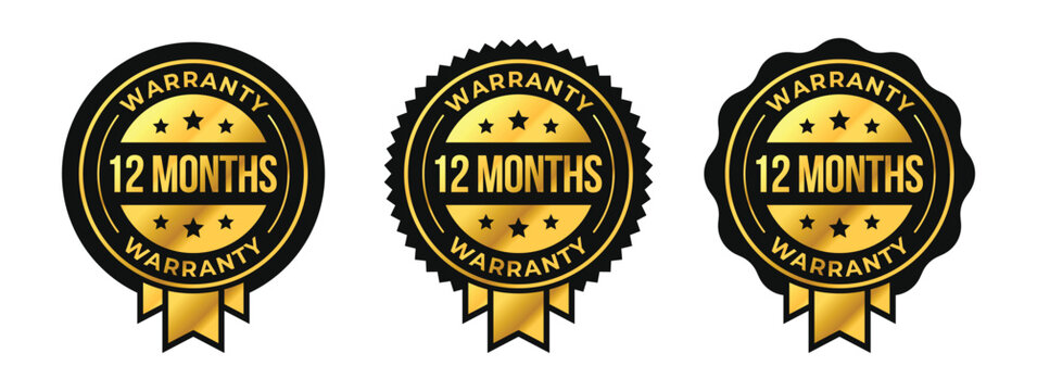 12 months premium luxury warranty logo set with golden ribbon and stars in circle vector illustration. For icon, sign, symbol, badge, stamp, seal, label, shield, stickers, certificate, award