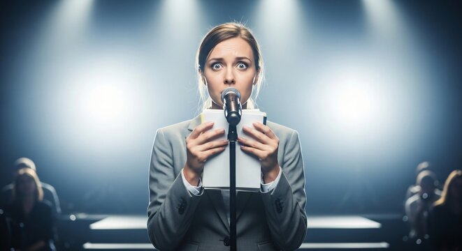 Feeling Nervous Presenter Holding Notes Tightly Under Bright Stage Lights