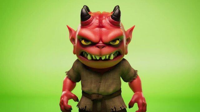 Red Cartoon Devil Horns and Tail Mascot Figure on Green