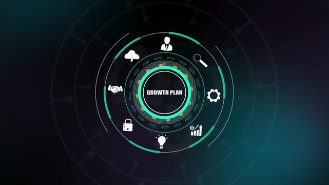 Growth plan strategy, digital business development icons on HUD interface, corporate success roadmap, professional marketing innovation.