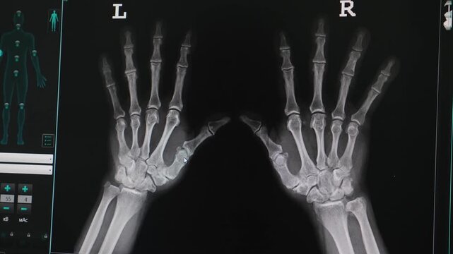 Hand injury and treatment. Wrist injury treatment sprain dislocation. x ray hand image of sick patient. Diagnosis and treatment of hand injuries. medical consultation for arthritis, 4 k video