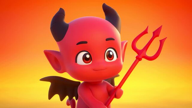 Cute cartoon red devil horns and tail holding pitchfork 3D render
