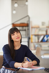 Student, girl or thinking with paperwork at college for exam preparation, study insight or learning. Idea, person or course notes on campus with inspiration for thesis, research solution or education