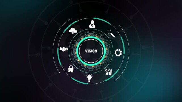 Vision business strategy, digital corporate foresight icons on HUD interface, global innovation network, professional leadership roadmap.