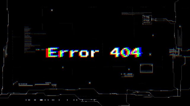 Vibrant glitch effect on a digital interface screen displaying 'Error 404', representing a page not found, network problem, or system breakdown in a high-tech abstract cyber environment