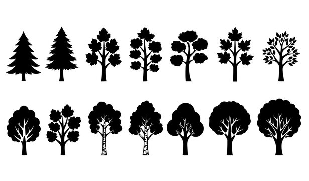 Black Tree Silhouette Vector Icon Set with Diverse Pine and Leafy Shapes