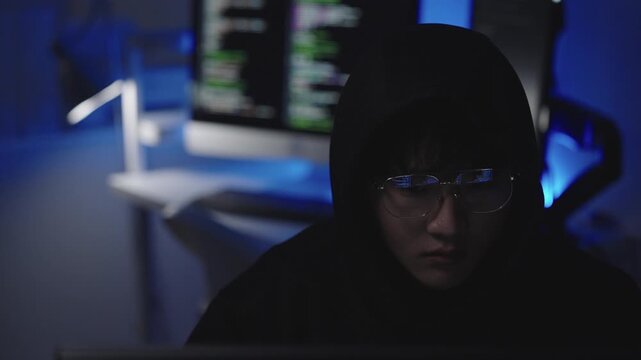 Hacker in data security concept. Hacker front of his computer committing digital cybercrime. Cyber security.  Hacking the Internet. Cyber attack.