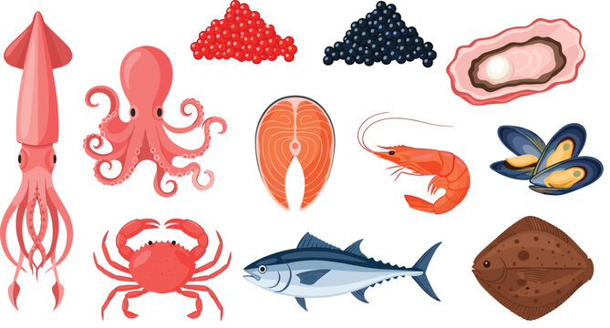 Gourmet fresh seafood collection with salmon steak tuna octopus crab shrimp caviar and oyster with pearl vector illustration isolated.