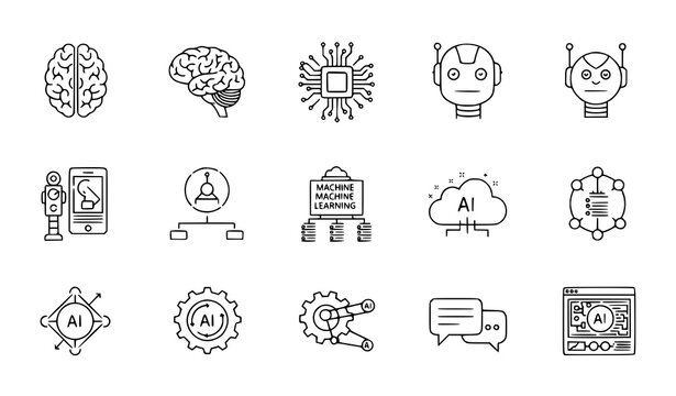 Editable artificial intelligence line icon set with AI brain, chip, robot, and digital technology symbols