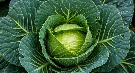 Fototapeta premium Fresh green cabbage with tightly packed leaves and vibrant inner core