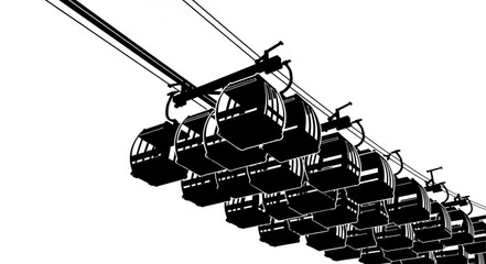 Cable car transportation system with multiple cabins moving up the mountain. © Widia