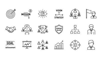 Creative editable line icons for corporate culture, leadership, teamwork, mission, vision, and success