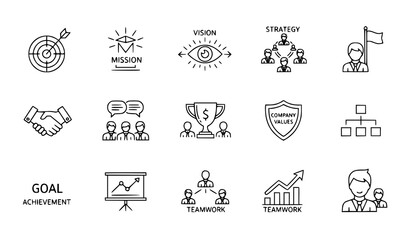 Creative editable line icons for corporate culture, leadership, teamwork, mission, vision, and success