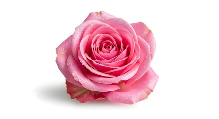 Fototapeta premium A single, delicate pink rose with water droplets on its petals, set against a clean white background.