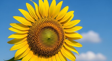 Obraz premium A vibrant, close-up shot of a large sunflower with bright yellow petals against a clear blue sky with a few fluffy white clouds.