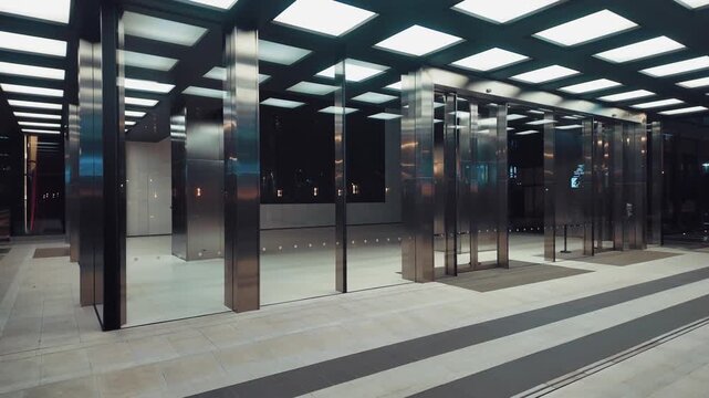 Futuristic neon lobby entrance with chrome reflections and geometric ceiling, Modern cyberpunk style building interior with LED lighting and glass reflections 4k