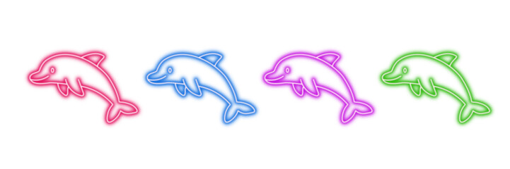 Neon glowing dolphin vector icons set, marine, ocean, aquatic, playful, vibrant, colorful digital design illustration on transparent background. © MdSumon