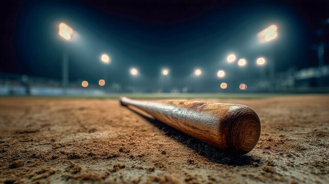 Wooden baseball bat resting on the dirt field illuminated by bright stadium lights during a nighttime game under a dark sky with a blurred background view