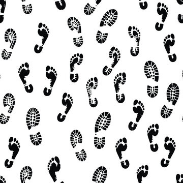 A black silhouette illustration of a human foot and boot print vector pattern showing a shoe sole track and hand imprint mark left by people as they walk or step in the sand and snow