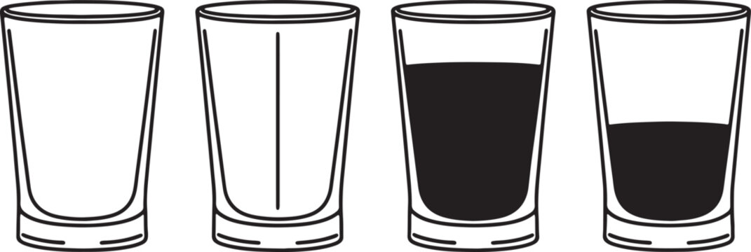 Four tall glasses showing different liquid levels from empty to half full also transparent background