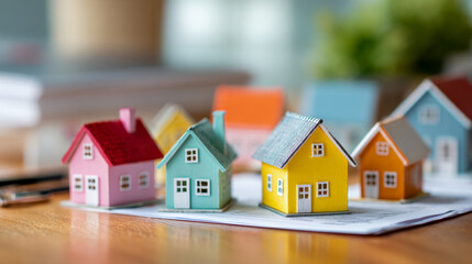 Colorful miniature model houses arranged on a wooden table over documents symbolizing real estate investment and property planning concepts in a bright room