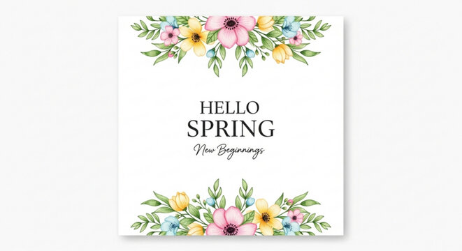 Vibrant watercolor floral border with delicate pink yellow and blue blossoms framing hello spring new beginnings text conveying a joyful and fresh seasonal transition