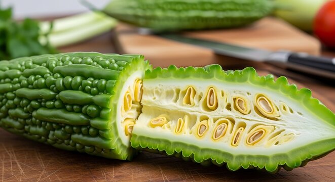 Freshly cut bitter gourd showcasing its unique inner texture and seeds on a wooden surface