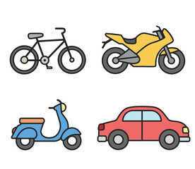 Fototapeta premium Vibrant transportation vehicle vectors set car, scooter, motorcycle, and bicycle line art illustrations