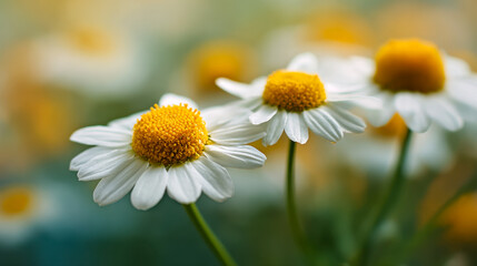 Naklejka premium Vibrant bloom of white and yellow daisies in natural sunlight with soft blurred background showcasing delicate petals and fresh greenery in a peaceful garden setting