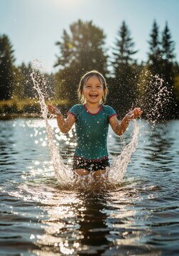 Joyful Young Girl Splashing Water at Lake Under Sunlit Green Trees
