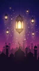 Ramadan Lanterns and Crescent Moon Night Sky.