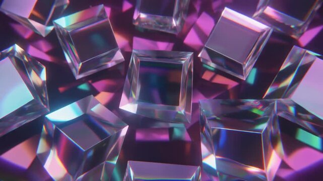Abstract arrangement of clear geometric cubes refracting light, creating vibrant prismatic color effects and ethereal reflections.