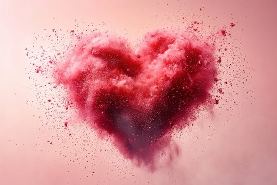 Exploding Heart: A burst of vibrant red powder, artfully shaped into a heart, floats against a soft, romantic backdrop, conveying love and passion.