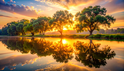 Obraz premium A serene sunset reflecting on a calm river lined with lush trees and vibrant clouds