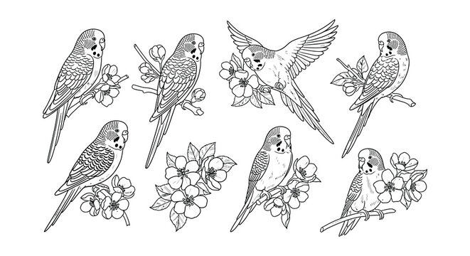 A collection of detailed line art illustrations featuring budgerigars and blossoms
