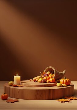 Autumnal Cornucopia with Pumpkins Candle and Leaves on Wooden Stage