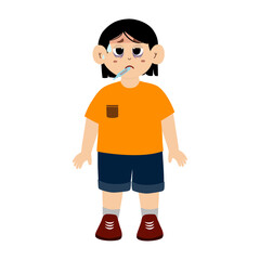Obraz premium Little kid with a compress on his forehead. A child with a tired expression and a thermometer, large eye bags from illness.