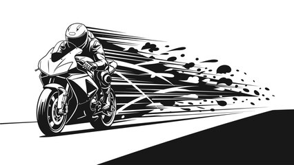 A motorcyclist in a racing suit and helmet rides a motorcycle with motion lines behind on a white background with a black triangle. © Dodiandi