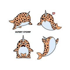 Cute cartoon narwhal character set with different poses and emotions on white background © RokeyaStock