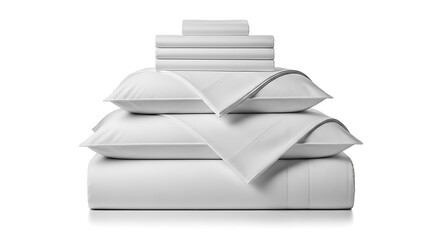 Stack of neatly folded white bedding sets, including sheets and pillowcases, on a white background.