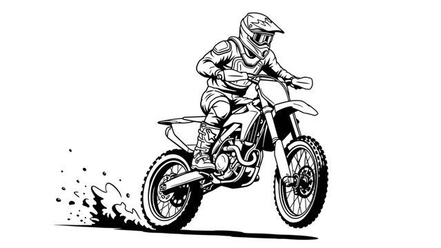 A motorcyclist riding a dirt bike kicking up dust on a white background in a dynamic black and white illustration.