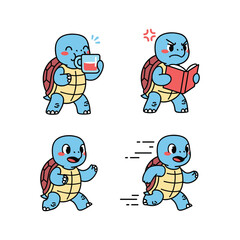 Fototapeta premium Cute cartoon turtle character in various poses with coffee and book