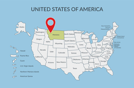 Montana State location on the map of the United States of America with pin location marker. Vector flat template.