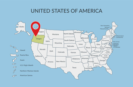 Oregon State location on the map of the United States of America with pin location marker. Vector flat template.