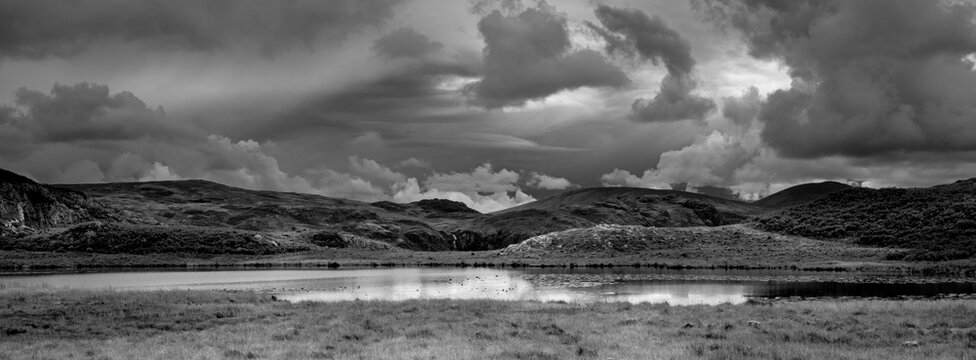 dramatic  black and white view of fells from Eel Tarn