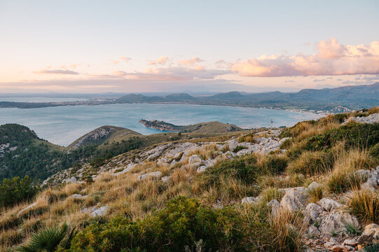 Panoramic view of Port de Pollen&ccedil;a and Alc&uacute;dia Bay at sunrise