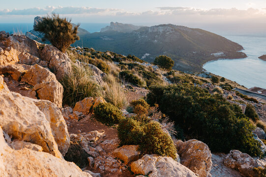 Rocky hillside above Formentor peninsula at sunrise, Mallorca