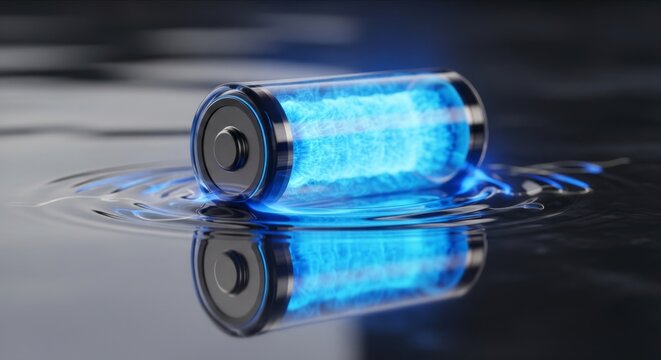 Blue Energy Battery Floating in Water with Stunning Reflection