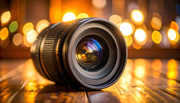 A camera lens positioned on a wooden surface, illuminated by soft glowing lights in the background